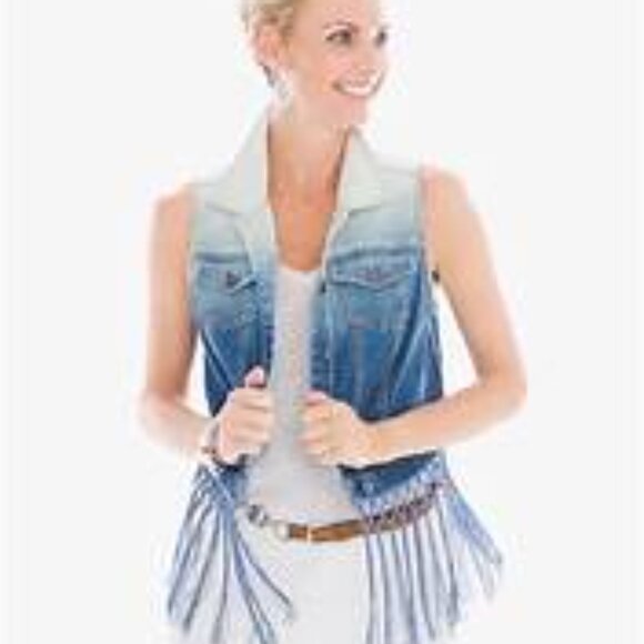 Chico's Denim Boho Fringe Cowgirl Vest Womens S Button Down 2 Pocket Blue Jacket - Picture 1 of 11